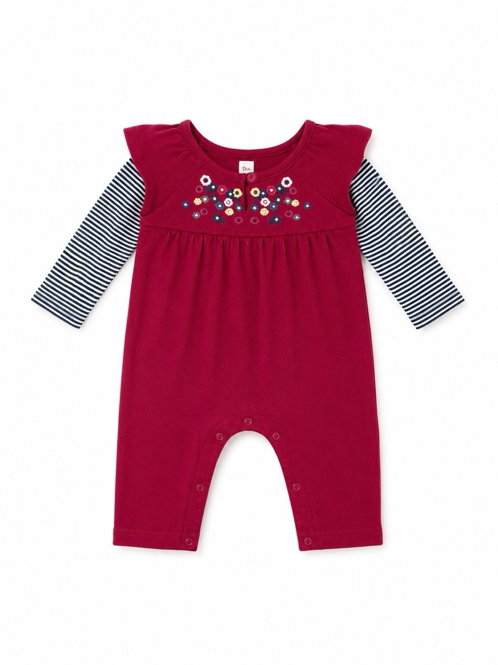 Tea Collection Baby Girl Outfit – Burgundy & Stripe Romper | Size 3–6 Months